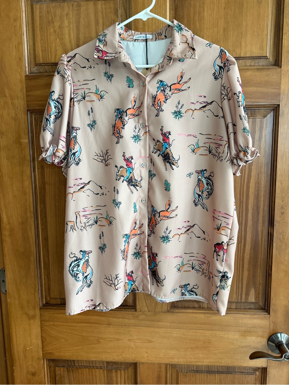 Woven Short-Sleeve Cowboy Print Blouse in Blush